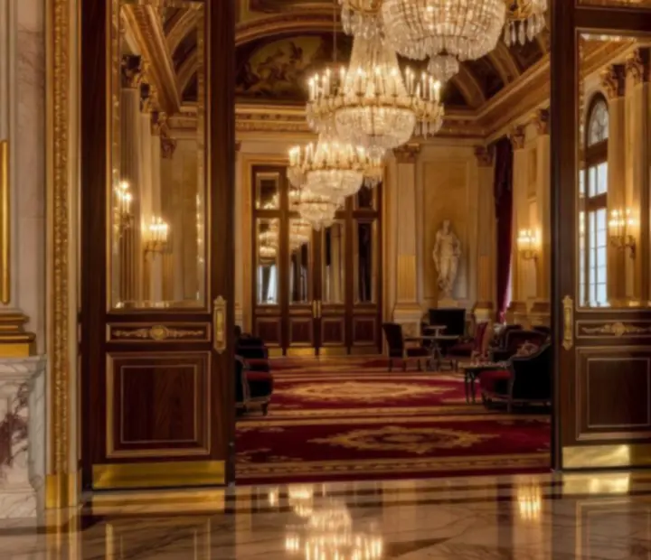 Marble-floored entrance to the Czechroom casino with crystal chandeliers and gold accents