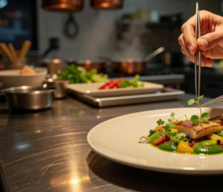 Chef at Czechroom finishing a plated dish on fine porcelain at the chef's table