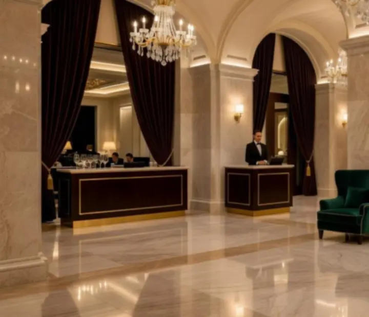 Luminous Czechroom lobby in the evening, with a grand entrance leading to the restaurant and casino.