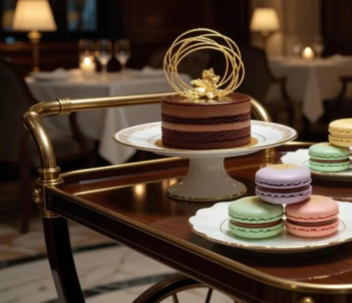 Plated desserts and after-dinner sweets presented on fine porcelain in a softly lit lounge