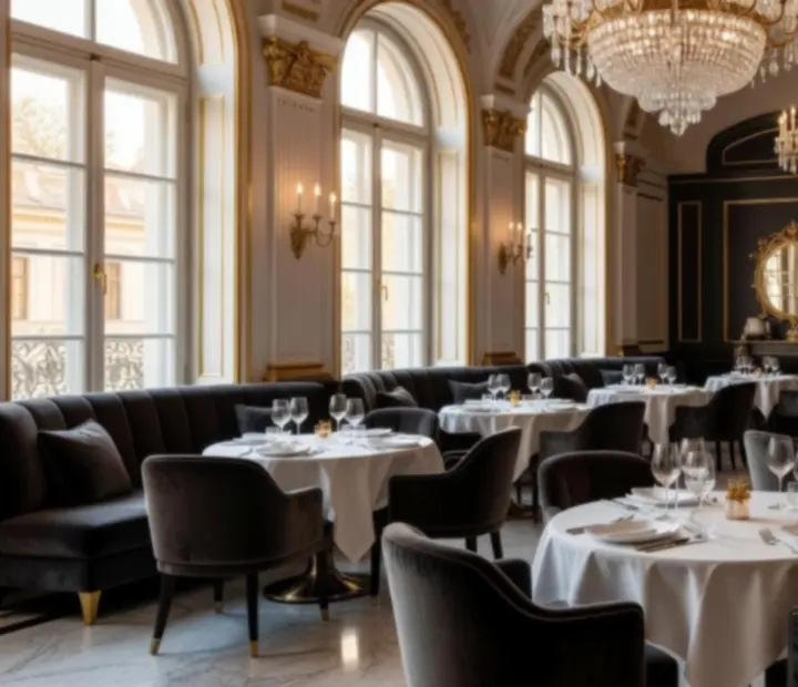 Czechroom dining room with sculpted seating, crystal fixtures and view toward the casino entrance