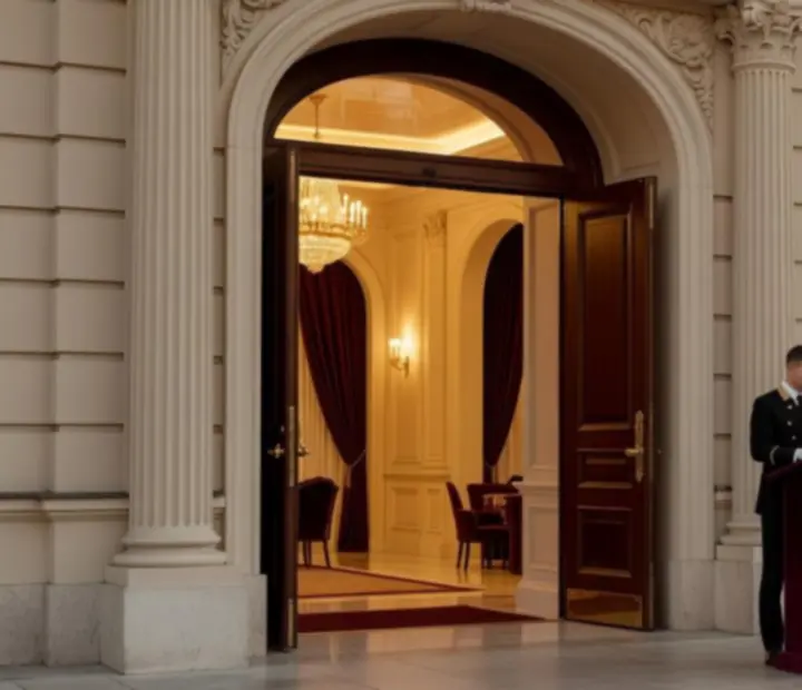 Stately entrance and discreet check-in desk welcoming guests to Czechroom