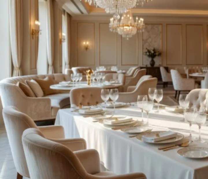 An elegantly set restaurant table softly opening into a crystal-lit private casino lounge with velvet seating and casino tables.