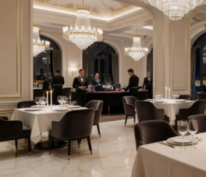 Czechroom fine dining table with crystal glassware and view toward the casino lounge