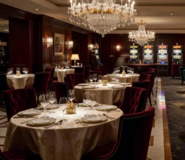 Luminous restaurant interior opening into an opulent casino lounge with crystal lighting and gaming tables