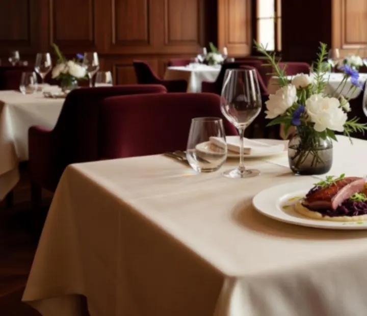 A signature Czechroom dining table with fine porcelain and ivory linens.