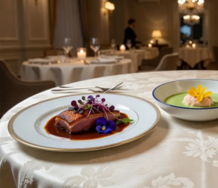 Selection of signature Czechroom dishes on fine porcelain with crystal glassware