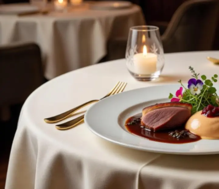 Plated fine-dining dish on white porcelain in a softly lit Czechroom restaurant setting