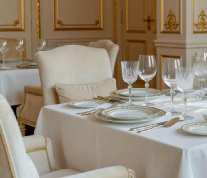 Signature restaurant table at Czechroom with fine porcelain, crystal glasses, and candlelight.