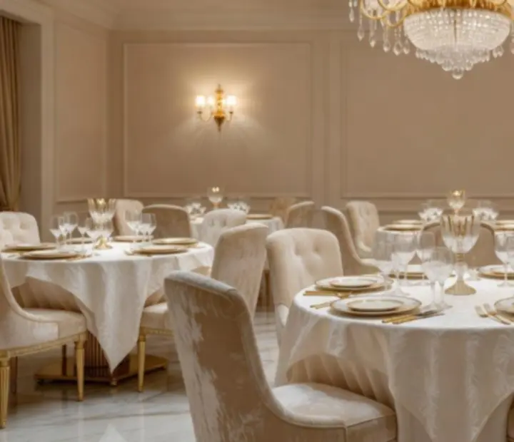 An opulent private event room with long dining table, candlelight, and views toward a casino lounge.